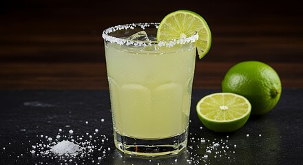 Fototapeta premium A cocktail, specifically a margarita with a salted rim and ice, is displayed with green limes on a dark, textured surface, implying refreshment