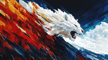 Abstract portrayal of a snarling wolf head blending fiery shades with glacial hues representing primal dichotomy and untamed spirit expressionistic composition