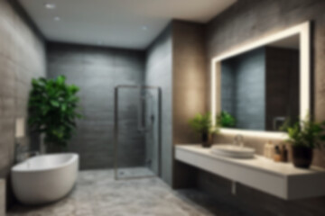 Blurred bathroom interior, wash basin, clean area, modern theme, there is a large mirror above the wash basin, there is a potted plant in the corner, blurry wallpaper