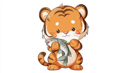 Obraz premium Cute Cartoon Tiger Holding a Fish