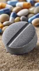 Macro shot of a single diet pill, revealing texture and detail of its composition - granular dietary colorful scientific pharmacy