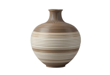 clay vase or pot isolated on white or transparent png,Elegant Wide Bulb Vase with Horizontal Ribbed Texture in Earthy Brown and Off-White on Soft Grey Background for Modern Home Decor, High-Quality .