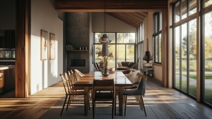 Modern dining room with wooden table and chairs