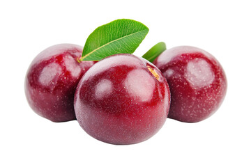 Collection of three deep crimson passion fruits,  displayed against a plain background,  showcasing their rich color and smooth texture.