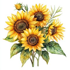 Fototapeta premium Bright Sunflower Bouquet with Green Leaves and Buds in Watercolor Style