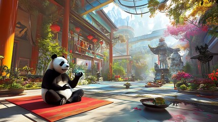 Panda in a peaceful asian courtyard