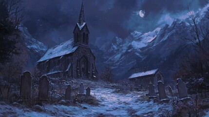 Snowy Church and Graveyard at Night in Mountains