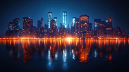 Fototapeta premium City skyline at night with bright lights reflected in water.