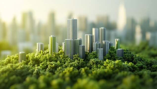 Fototapeta Sustainable city nestled in lush greenery