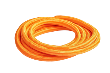 Bright orange, coiled flexible tube, likely made of plastic, is presented in a close-up view against a contrasting background.