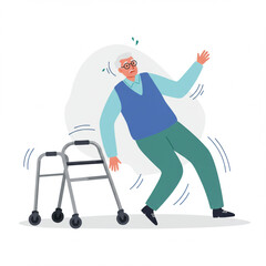Obraz premium Cartoon Illustration of Elderly Man Falling with Tipping Walker in Safety Awareness Scene
