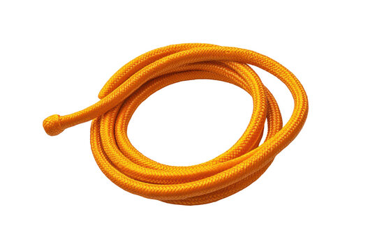 Coiled, vibrant orange rope, with a close-up perspective highlighting its texture and shape.