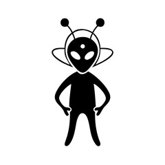 Monochrome alien with antennas and headgear standing with hands on hips