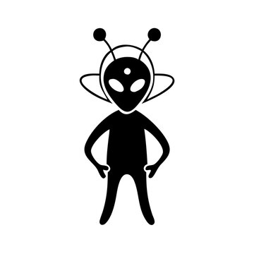 Monochrome alien with antennas and headgear standing with hands on hips