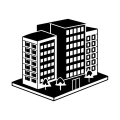 Stylized monochrome illustration of urban buildings with trees and minimalistic features