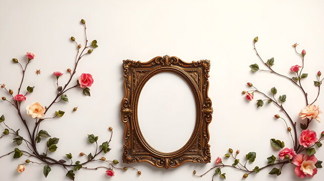 Vintage Ornate Frame With Floral Vines Brian Mashburn Style on haf  white back ground,