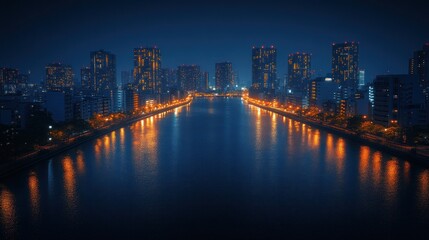 Fototapeta premium City skyline at night with water reflection and illuminated buildings.