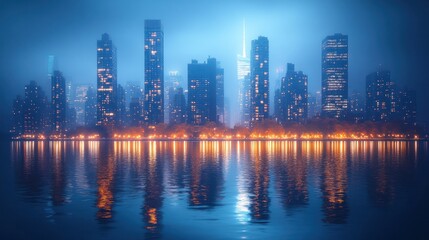 Fototapeta premium City skyline at night with building lights reflecting on water surface.
