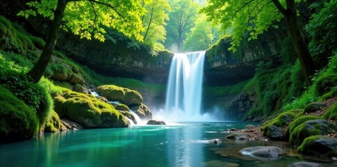 Waterfall cascades through emerald forest foliage, scenic, peaceful