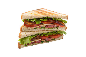 A double-layered sandwich with lettuce, tomato, cheese, meat, and grilled bread stacked perfectly delicious, isolated on a transparent background