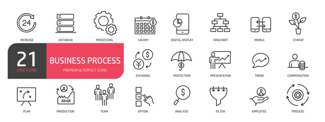 Set of line icons related to data system, project, award, document management. Outline icons collection. Editable stroke. Vector illustration.
