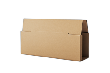 Brown cardboard box with flaps closed, slightly worn edges, and shipping labels on top, isolated on a transparent background.