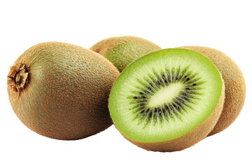 Three whole and one-half kiwi fruits displayed on a plain background. The fruits are a light and dark green with subtle brown tones.