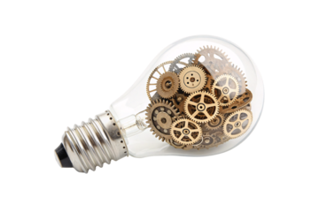 Clear glass bulb encases intricate brass gears, symbolizing innovation, mechanical engineering, and complex ideas, isolated on a transparent background
