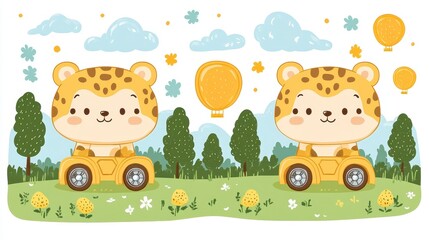 Naklejka premium Illustrative pixelated pair of jaguar cubs in toy cars amidst a whimsical landscape of pixelated clouds and floating balloons adorable scene