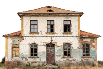 Cracked House with Tiled Roof, Deep wall cracks and faded paint tell tales of time’s toll on this forgotten home, isolated on a transparent background