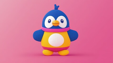 Voxelart style cute and cuddly penguin figure with a distinctive color palette rendered with a soft texture on a pink background