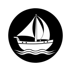 Stylized white sailboat in a black circle, floating on wavy water