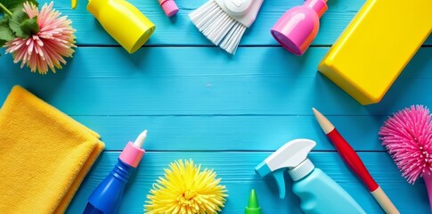 Vibrant cleaning tools and accessories arranged neatly on blue wooden surface, tools, surface, cleaning