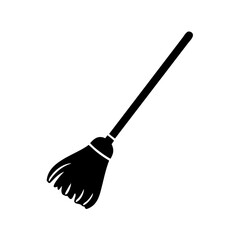 Black silhouette broom with wooden handle for cleaning isolated on white