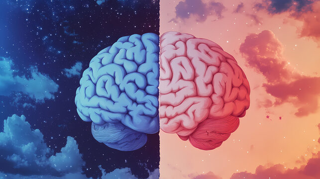 Depiction of a brain against divided night and day skies, highlighting the importance of sleep cycles and time. [Frozen Time] | Hibernated Hours | sleeping time. Illustration