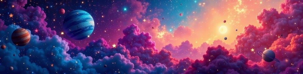 Fototapeta premium Vibrant cosmic watercolor backdrop with colorful stars and planets, cosmic, illustration
