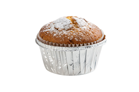 Freshly baked muffin in foil cup, golden top dusted with powdered sugar, soft and fluffy texture, isolated on a transparent background