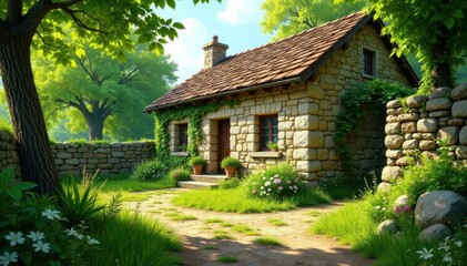 Weathered stone walls surround ancient cottage, stone walls, rustic
