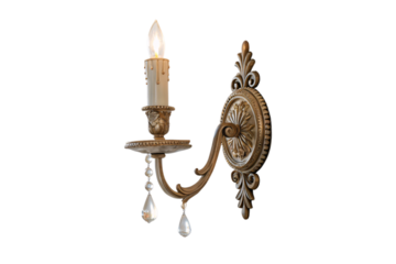 Ornate antique-style wall sconce with candle-shaped bulb and crystal accents, mounted on decorative base, isolated on a transparent background