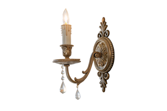 Ornate antique-style wall sconce with candle-shaped bulb and crystal accents, mounted on decorative base, isolated on a transparent background