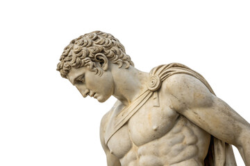 Naklejka premium Roman Statue, Graceful posture and downward gaze suggest thoughtfulness and introspection in sculpted marble form, isolated on a transparent background