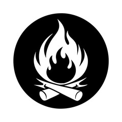 A monochrome illustration depicting a campfire with burning wood in a circle