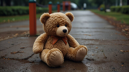 A lonely teddy bear sitting on an empty road evoking emotions of innocence abandonment and nostalgia in a quiet open outdoor setting