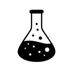 Black and white Erlenmeyer flask filled with a dark liquid with bubbles