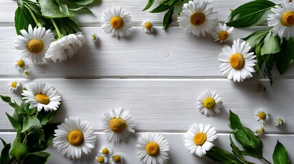 Fototapeta premium Top view floral frame on white wooden background flatlay flower border with center space layout for minimal botanical poster