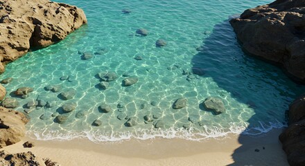 Obraz premium Crystal Clear Waters, A Tranquil Beach Cove with Rocks and Turquoise Sea