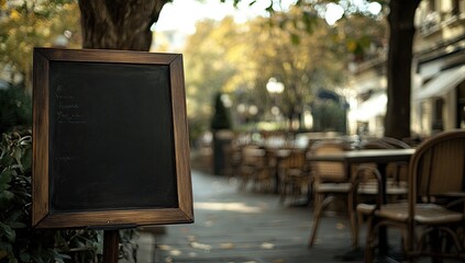 Empty chalkboard menu on Parisian street, autumn