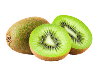 Close-up  shot of a whole kiwi fruit and a sliced kiwi fruit, displayed against a bold color background.