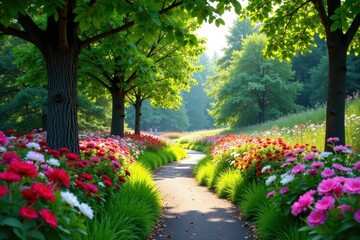 Winding path through blooming flowers and tall trees, nature, green