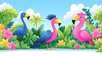 Colorful pixel art flamingoes in tropical garden with vibrant flowers and palm trees creating a lively tropical paradise background for children